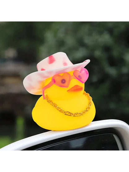 1pc Rubber Duck For Car- Yellow Duck Car Dashboard Decoration, Squeaky Duck Toy Car Decorative Accessories With Hat, Swimming Ring, Necklace And Sunglasses