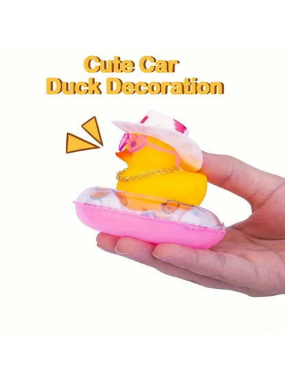 1pc Rubber Duck For Car- Yellow Duck Car Dashboard Decoration, Squeaky Duck Toy Car Decorative Accessories With Hat, Swimming Ring, Necklace And Sunglasses