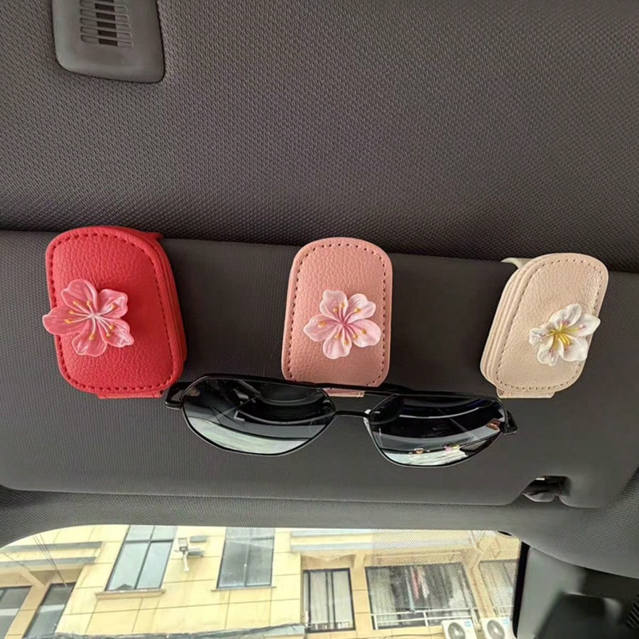 1pc Sakura Flower Shaped Eyeglasses Clip, Universal PU Leather Card Eyeglasses Holder For Car Sun Visor