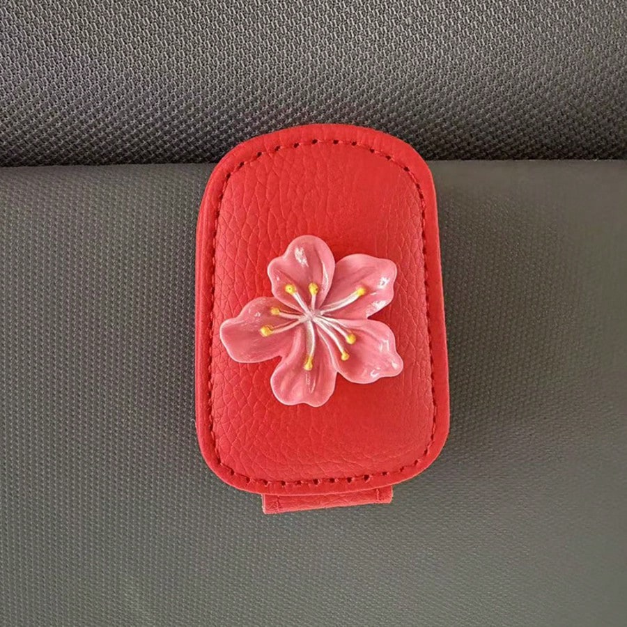 1pc Sakura Flower Shaped Eyeglasses Clip, Universal PU Leather Card Eyeglasses Holder For Car Sun Visor
