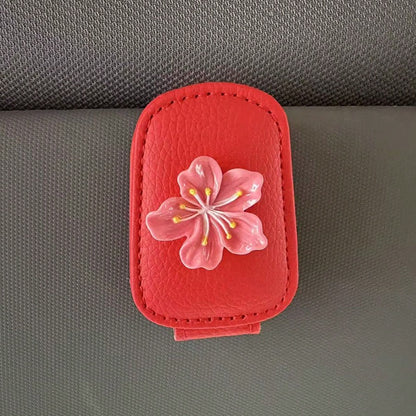 1pc Sakura Flower Shaped Eyeglasses Clip, Universal PU Leather Card Eyeglasses Holder For Car Sun Visor