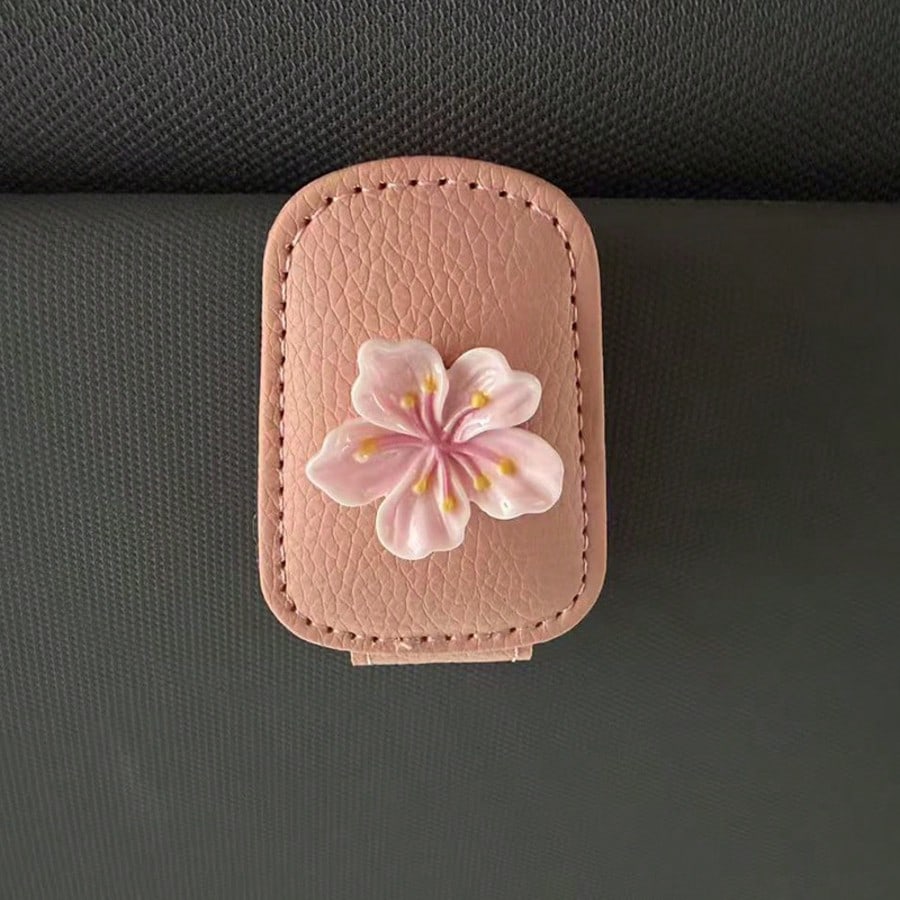 1pc Sakura Flower Shaped Eyeglasses Clip, Universal PU Leather Card Eyeglasses Holder For Car Sun Visor