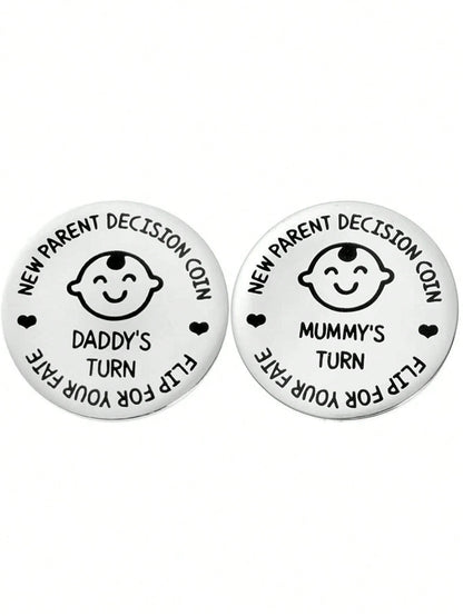 1pc/Set Stainless Steel Parent Decision Coin, Novelty Item, Double-Sided Metal Commemorative Coin, Random Design (1 Set: 1 Mom & 1 Dad Design; 2 Sets: 1 Mom & 1 Dad Design + 1 Dad & 1 Dad Design), Gif