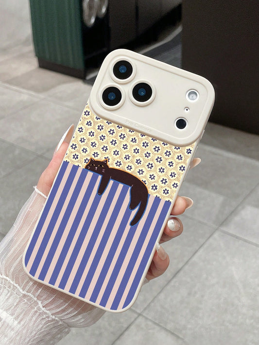 1pc Slouchy Black Cat & Vintage Floral Tile Print Phone Case, Pink Faux Leather Texture Anti-Drop Protective Cover, Cute Girly & Vintage Aesthetic Design, Cute Phone Case, Flower Phone Case, Compatibl