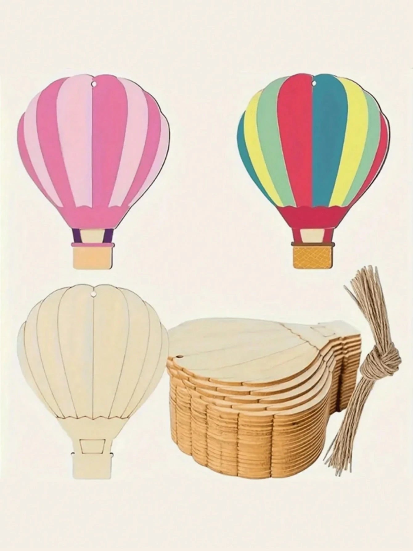 1pc Stainless Steel & Wooden Hot Air Balloon Shaped Slice DIY Painting Piece, Wooden Hot Air Balloon Wall Decor, Wooden Hot Air Balloon & Cloud Decoration, With Jute Rope, Home Christmas Tree Decorati