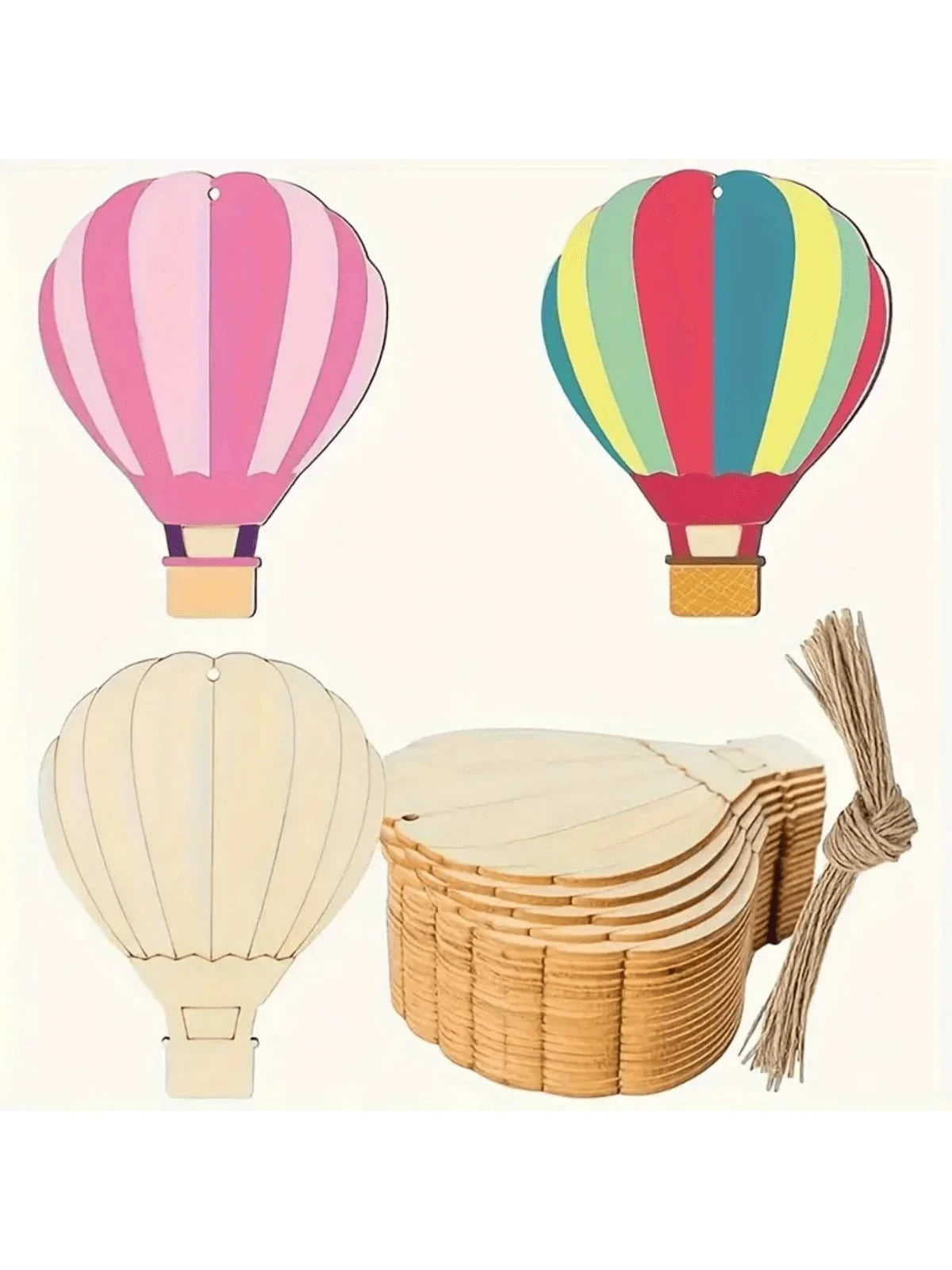1pc Stainless Steel & Wooden Hot Air Balloon Shaped Slice DIY Painting Piece, Wooden Hot Air Balloon Wall Decor, Wooden Hot Air Balloon & Cloud Decoration, With Jute Rope, Home Christmas Tree Decorati