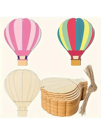 1pc Stainless Steel & Wooden Hot Air Balloon Shaped Slice DIY Painting Piece, Wooden Hot Air Balloon Wall Decor, Wooden Hot Air Balloon & Cloud Decoration, With Jute Rope, Home Christmas Tree Decorati