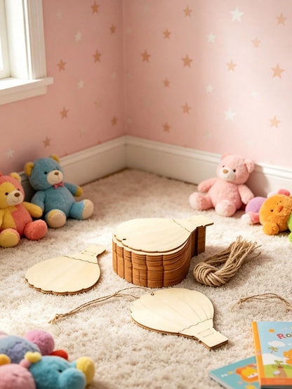 1pc Stainless Steel & Wooden Hot Air Balloon Shaped Slice DIY Painting Piece, Wooden Hot Air Balloon Wall Decor, Wooden Hot Air Balloon & Cloud Decoration, With Jute Rope, Home Christmas Tree Decorati