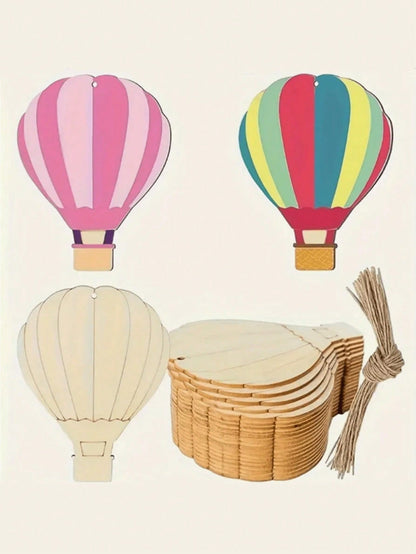 1pc Stainless Steel & Wooden Hot Air Balloon Shaped Slice DIY Painting Piece, Wooden Hot Air Balloon Wall Decor, Wooden Hot Air Balloon & Cloud Decoration, With Jute Rope, Home Christmas Tree Decorati