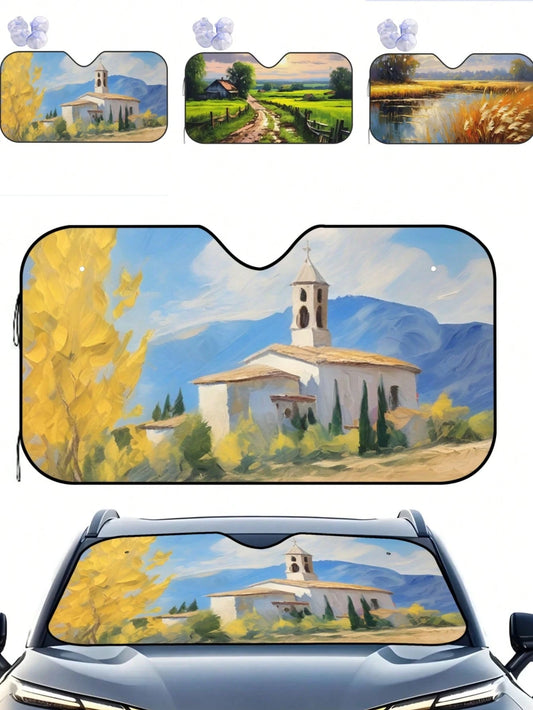 1pc Summer Car Front Window Sun Shade, Oil Painting Landscape Print, Made Of Polyester Fiber, Easy To Install, Suitable For Various Car Models, Provides Heat Insulation And Privacy Protection, Keeps Y