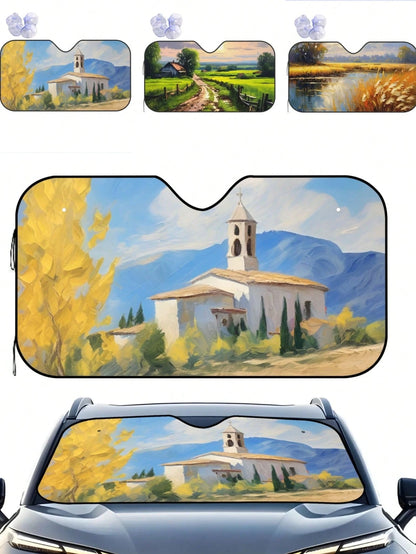 1pc Summer Car Front Window Sun Shade, Oil Painting Landscape Print, Made Of Polyester Fiber, Easy To Install, Suitable For Various Car Models, Provides Heat Insulation And Privacy Protection, Keeps Y