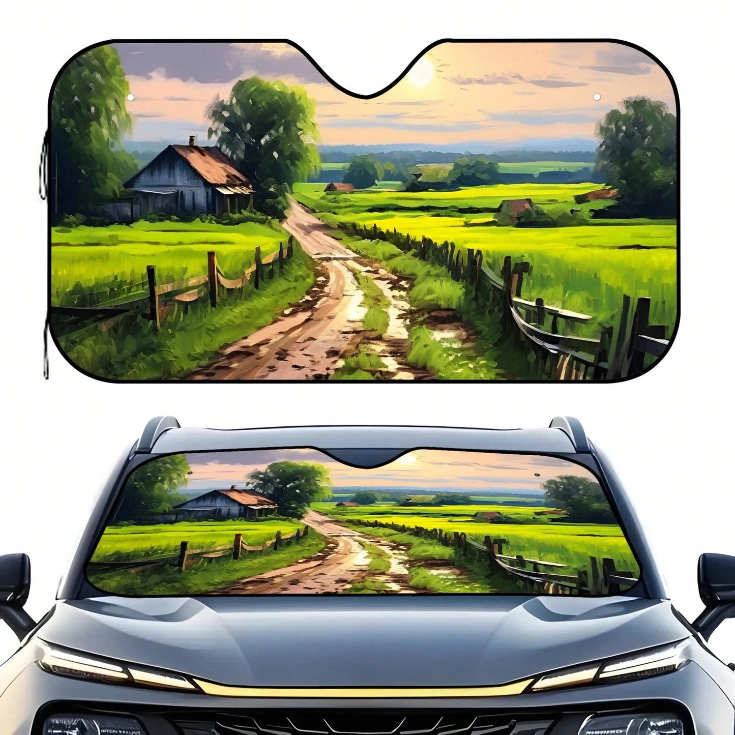 1pc Summer Car Front Window Sun Shade, Oil Painting Landscape Print, Made Of Polyester Fiber, Easy To Install, Suitable For Various Car Models, Provides Heat Insulation And Privacy Protection, Keeps Y