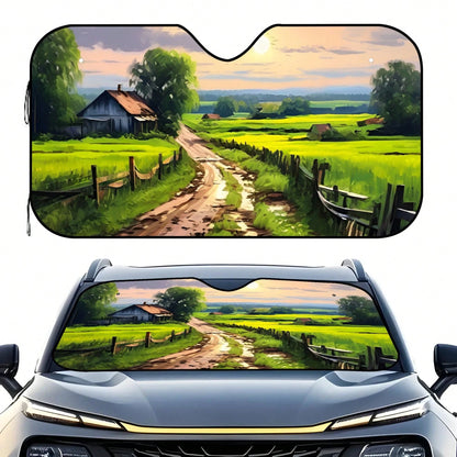 1pc Summer Car Front Window Sun Shade, Oil Painting Landscape Print, Made Of Polyester Fiber, Easy To Install, Suitable For Various Car Models, Provides Heat Insulation And Privacy Protection, Keeps Y