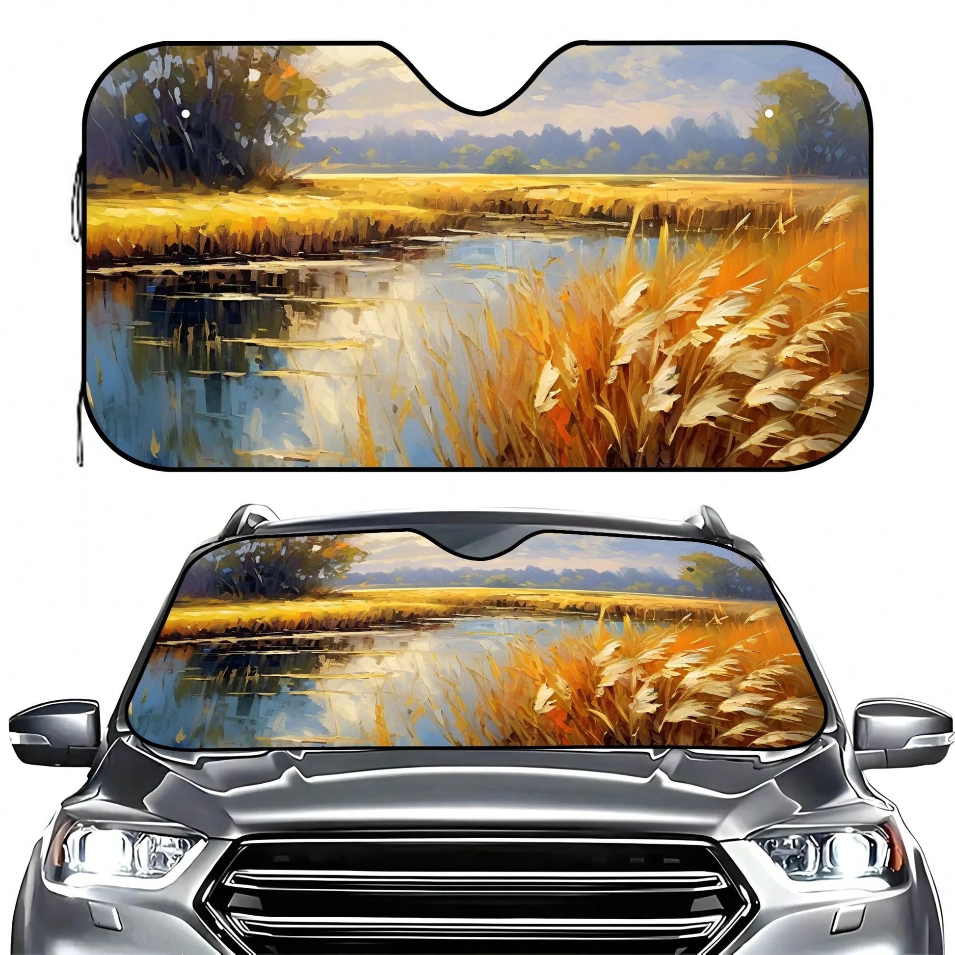 1pc Summer Car Front Window Sun Shade, Oil Painting Landscape Print, Made Of Polyester Fiber, Easy To Install, Suitable For Various Car Models, Provides Heat Insulation And Privacy Protection, Keeps Y
