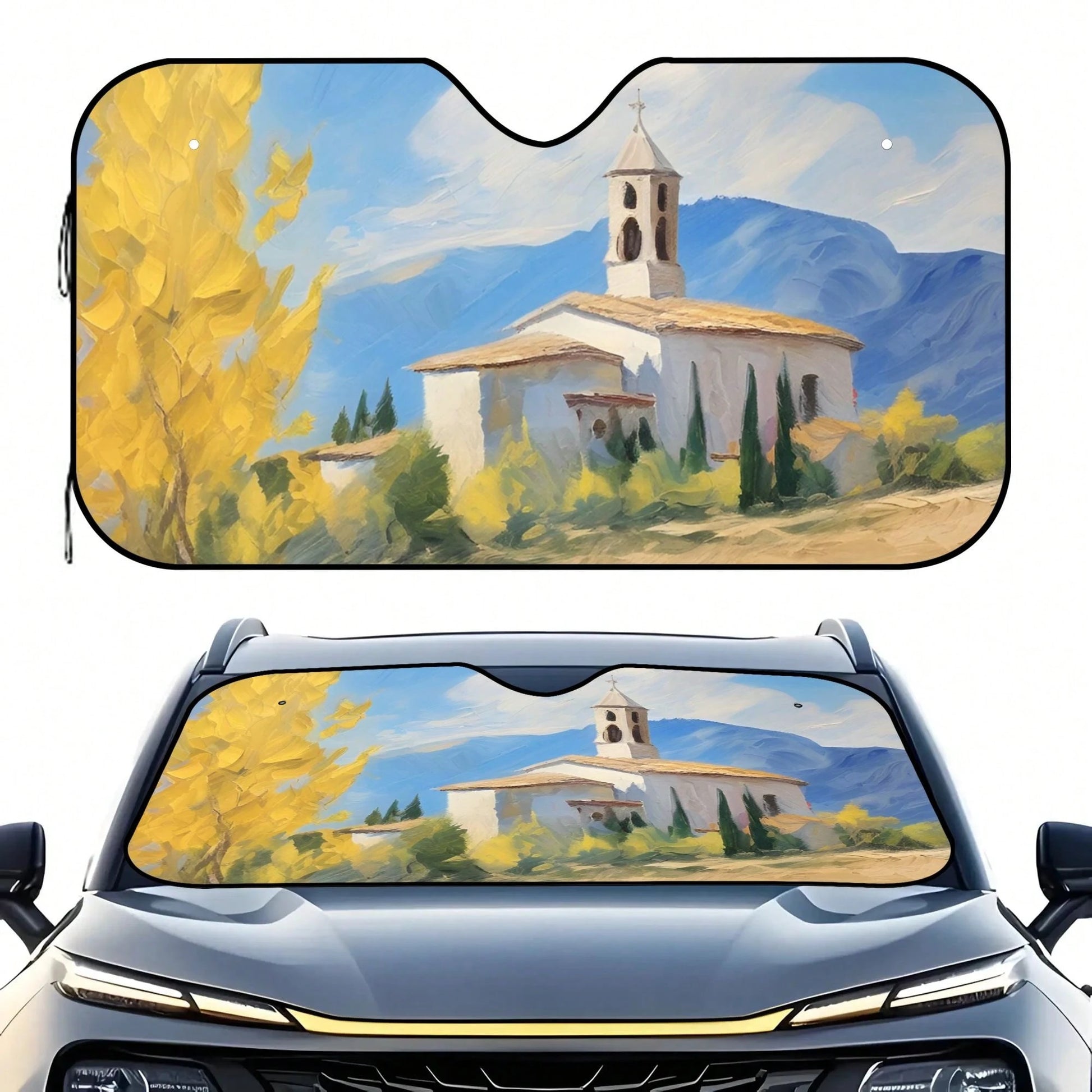 1pc Summer Car Front Window Sun Shade, Oil Painting Landscape Print, Made Of Polyester Fiber, Easy To Install, Suitable For Various Car Models, Provides Heat Insulation And Privacy Protection, Keeps Y
