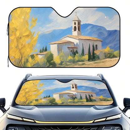 1pc Summer Car Front Window Sun Shade, Oil Painting Landscape Print, Made Of Polyester Fiber, Easy To Install, Suitable For Various Car Models, Provides Heat Insulation And Privacy Protection, Keeps Y