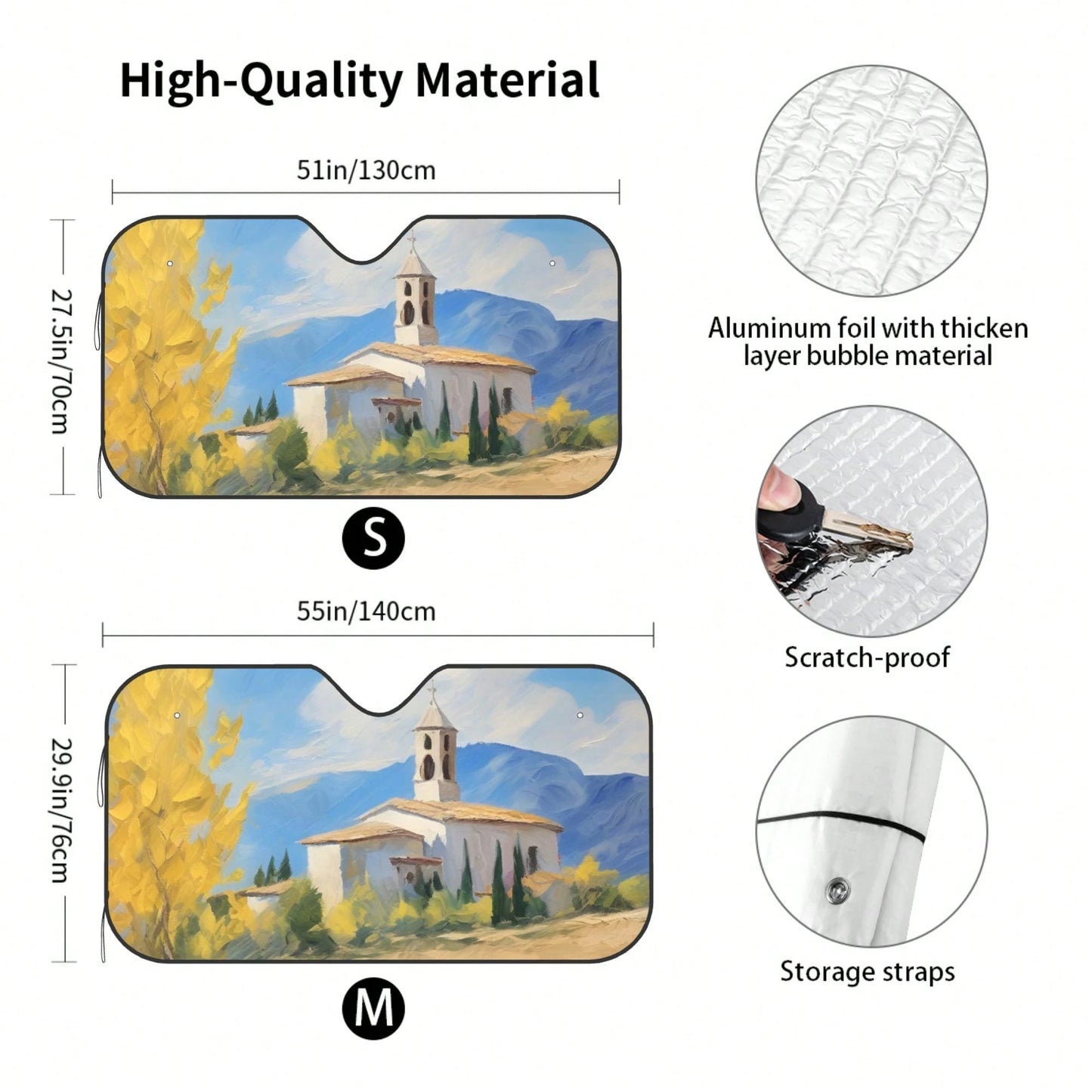 1pc Summer Car Front Window Sun Shade, Oil Painting Landscape Print, Made Of Polyester Fiber, Easy To Install, Suitable For Various Car Models, Provides Heat Insulation And Privacy Protection, Keeps Y