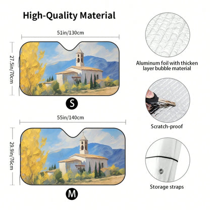 1pc Summer Car Front Window Sun Shade, Oil Painting Landscape Print, Made Of Polyester Fiber, Easy To Install, Suitable For Various Car Models, Provides Heat Insulation And Privacy Protection, Keeps Y