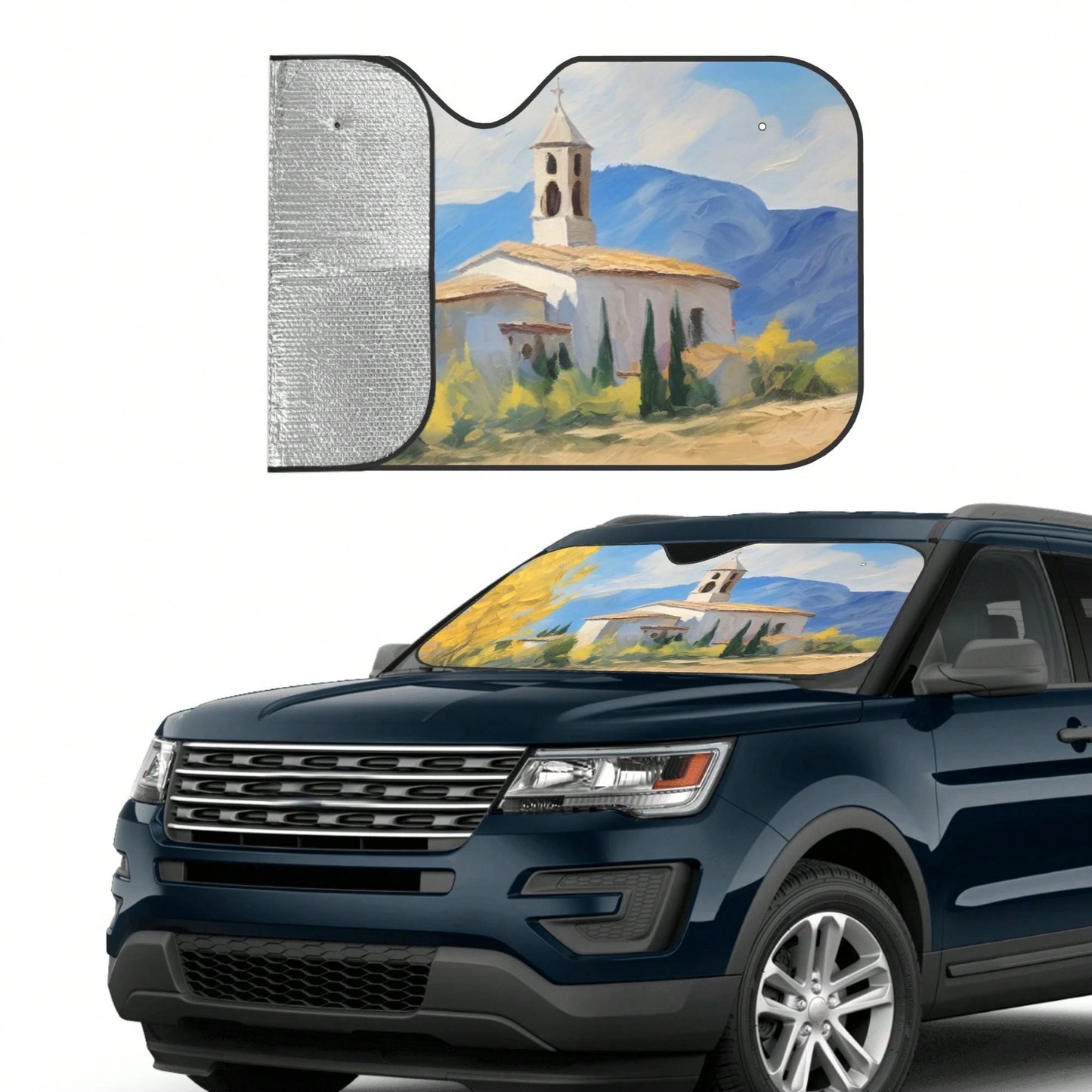 1pc Summer Car Front Window Sun Shade, Oil Painting Landscape Print, Made Of Polyester Fiber, Easy To Install, Suitable For Various Car Models, Provides Heat Insulation And Privacy Protection, Keeps Y