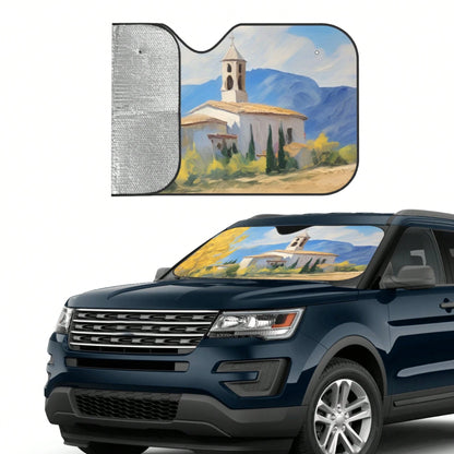 1pc Summer Car Front Window Sun Shade, Oil Painting Landscape Print, Made Of Polyester Fiber, Easy To Install, Suitable For Various Car Models, Provides Heat Insulation And Privacy Protection, Keeps Y