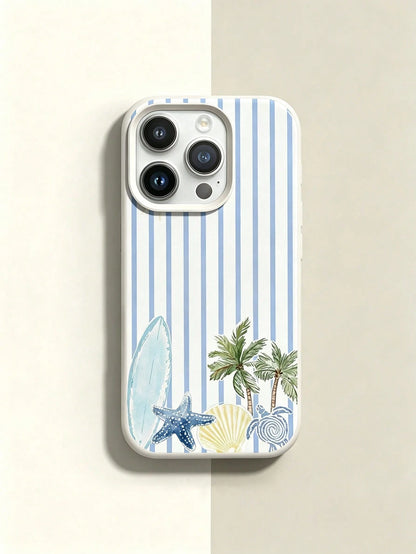1pc Summer Fashion Striped Surfboard Turtle Coconut Tree Pattern Phone Case, Anti-Slip & Anti-Drop, Suitable As Holiday Gift, Compatible With Apple 17/17Pro/17ProMax/16/16Pro/16ProMax/15/15Pro/15ProMa