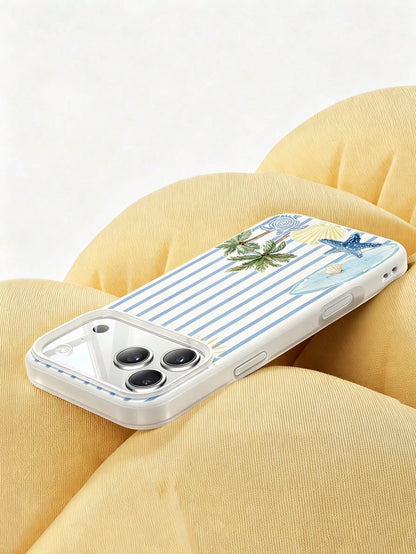 1pc Summer Fashion Striped Surfboard Turtle Coconut Tree Pattern Phone Case, Anti-Slip & Anti-Drop, Suitable As Holiday Gift, Compatible With Apple 17/17Pro/17ProMax/16/16Pro/16ProMax/15/15Pro/15ProMa