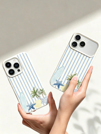 1pc Summer Fashion Striped Surfboard Turtle Coconut Tree Pattern Phone Case, Anti-Slip & Anti-Drop, Suitable As Holiday Gift, Compatible With Apple 17/17Pro/17ProMax/16/16Pro/16ProMax/15/15Pro/15ProMa