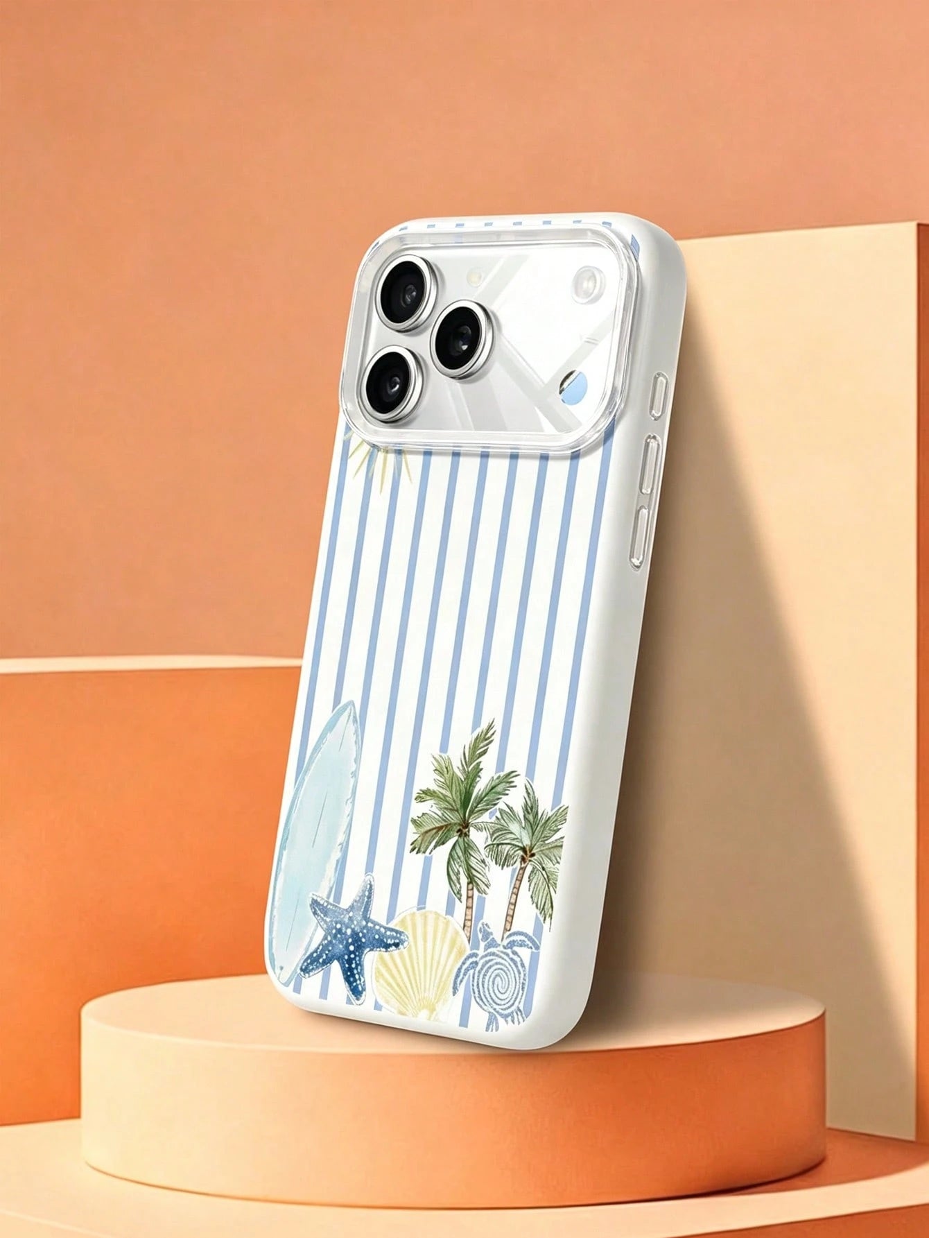 1pc Summer Fashion Striped Surfboard Turtle Coconut Tree Pattern Phone Case, Anti-Slip & Anti-Drop, Suitable As Holiday Gift, Compatible With Apple 17/17Pro/17ProMax/16/16Pro/16ProMax/15/15Pro/15ProMa