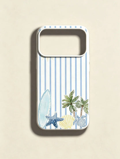 1pc Summer Fashion Striped Surfboard Turtle Coconut Tree Pattern Phone Case, Anti-Slip & Anti-Drop, Suitable As Holiday Gift, Compatible With Apple 17/17Pro/17ProMax/16/16Pro/16ProMax/15/15Pro/15ProMa