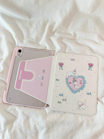 1PC Sweet Heart Cake White Cat 360° Rotating Acrylic Tablet Case, Multi-Angle Adjustable Stand, Built-In Pen Slot, Compatible With IPad5, IPad6, IPad7, IPad8, IPad9, IPad10, IPad11, Air2, Air3, Air4