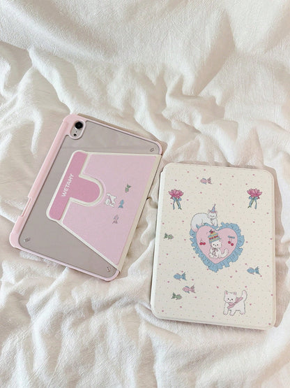 1PC Sweet Heart Cake White Cat 360° Rotating Acrylic Tablet Case, Multi-Angle Adjustable Stand, Built-In Pen Slot, Compatible With IPad5, IPad6, IPad7, IPad8, IPad9, IPad10, IPad11, Air2, Air3, Air4