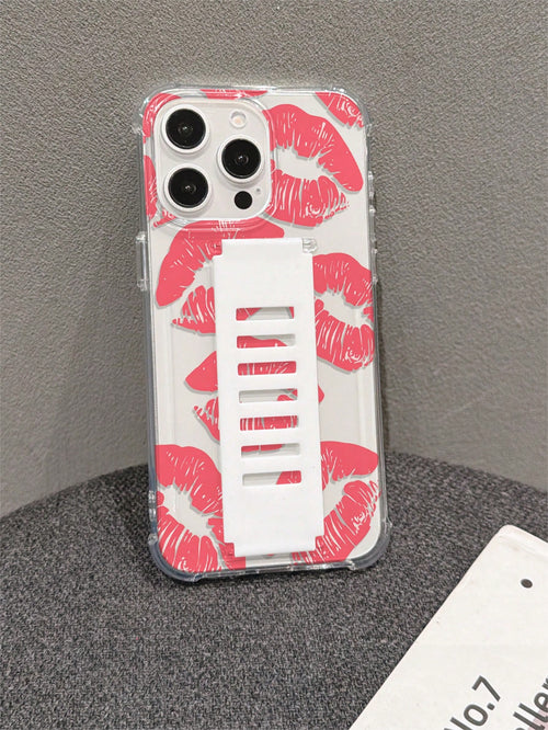 1pc Transparent TPU Soft Shell Four-Corner Anti-Drop Back Silicone Hollow Wrist Strap Phone Protective Case UV Printed Pink Lips Pattern Compatible With IPhone 7/8/7PLUS/8PLUS/X/XS/XR/XSMAX/11/11PRO/1