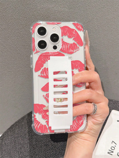 1pc Transparent TPU Soft Shell Four-Corner Anti-Drop Back Silicone Hollow Wrist Strap Phone Protective Case UV Printed Pink Lips Pattern Compatible With IPhone 7/8/7PLUS/8PLUS/X/XS/XR/XSMAX/11/11PRO/1