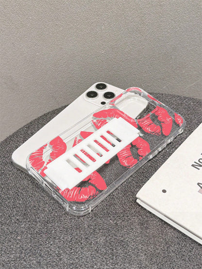 1pc Transparent TPU Soft Shell Four-Corner Anti-Drop Back Silicone Hollow Wrist Strap Phone Protective Case UV Printed Pink Lips Pattern Compatible With IPhone 7/8/7PLUS/8PLUS/X/XS/XR/XSMAX/11/11PRO/1