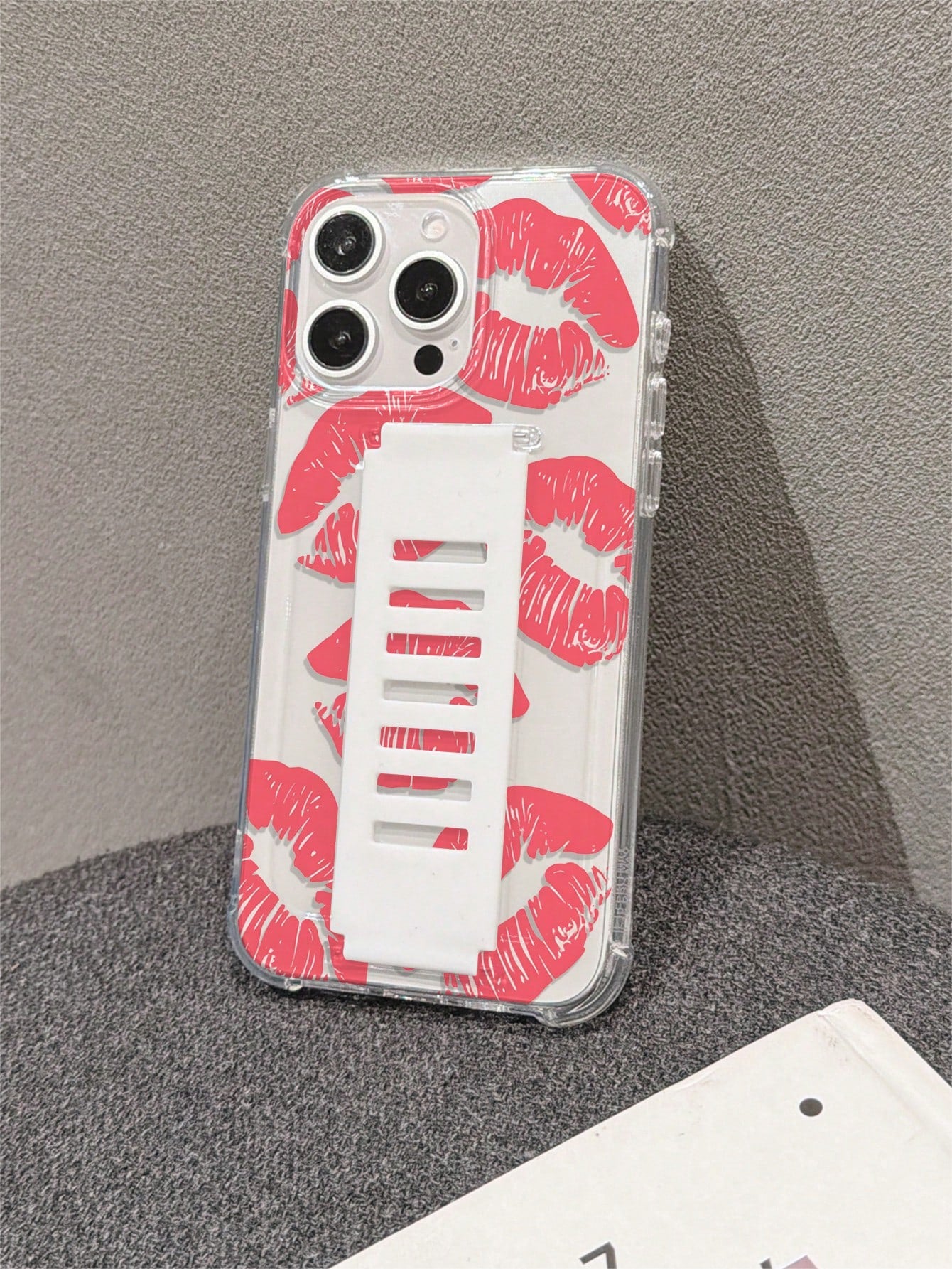 1pc Transparent TPU Soft Shell Four-Corner Anti-Drop Back Silicone Hollow Wrist Strap Phone Protective Case UV Printed Pink Lips Pattern Compatible With IPhone 7/8/7PLUS/8PLUS/X/XS/XR/XSMAX/11/11PRO/1
