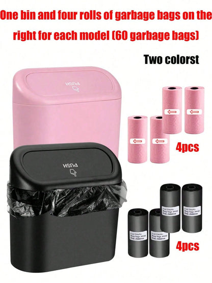 1pc Trash Can And 4 Rolls Of Trash Bags (15pcs/Roll, 60pcs Total), 2 Colors Available, Super Cute And Super Practical Car Trash Can And Trash Bags
