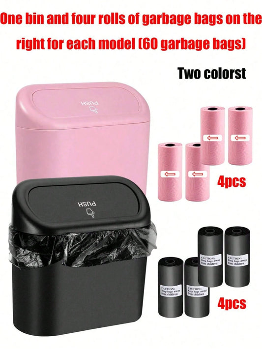 1pc Trash Can And 4 Rolls Of Trash Bags (15pcs/Roll, 60pcs Total), 2 Colors Available, Super Cute And Super Practical Car Trash Can And Trash Bags