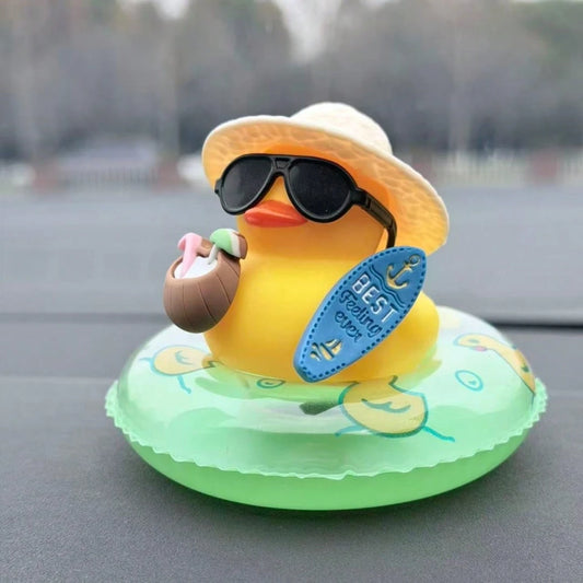 1pc Tropical Beach Duck Car Dashboard Decor- With Fashionable Sunglasses, Non-Slip Base And Adhesive Pad, Cute Yellow Duck In Coconut Floating Ring- Car, Truck, SUV Dashboard Decor- Driver, Female