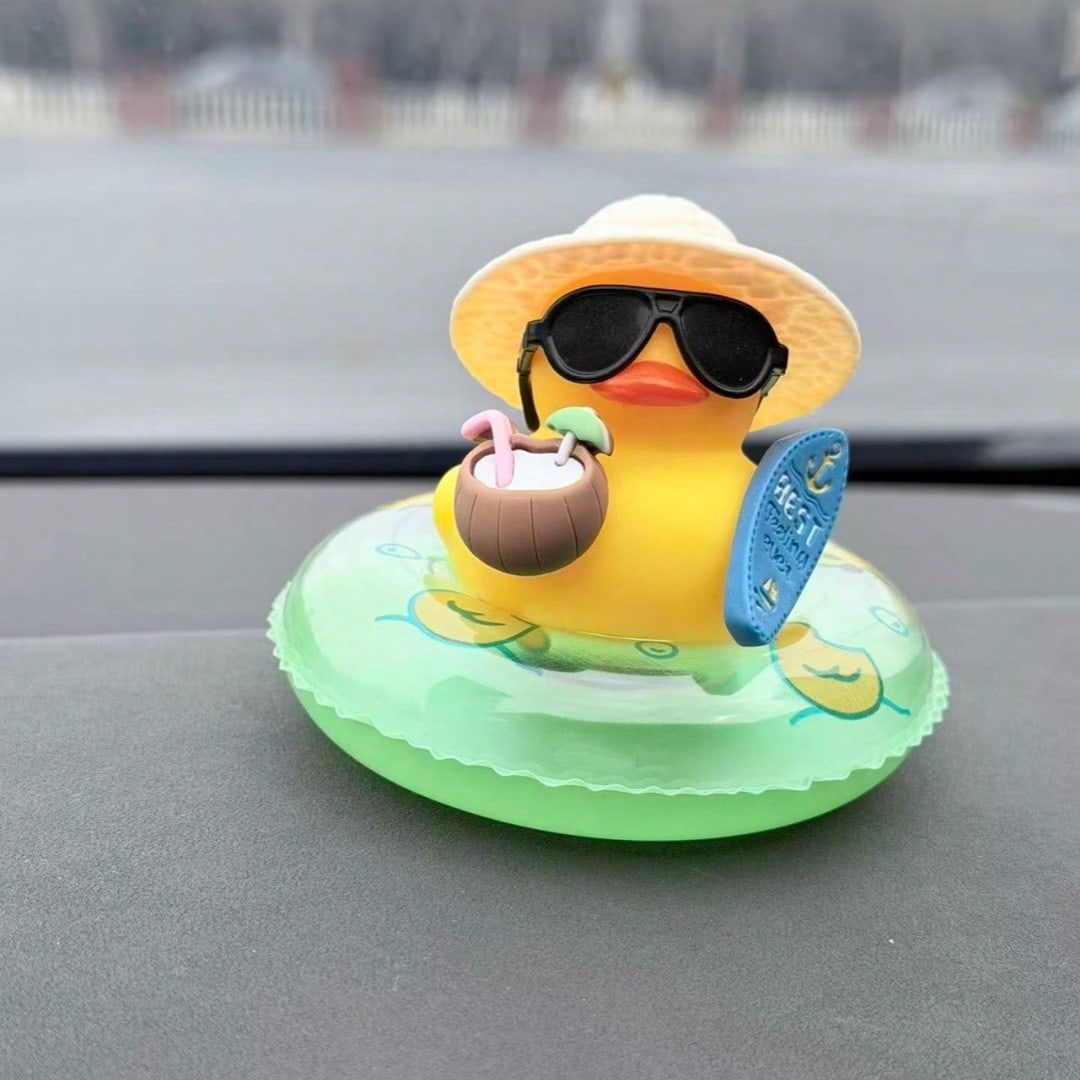 1pc Tropical Beach Duck Car Dashboard Decor- With Fashionable Sunglasses, Non-Slip Base And Adhesive Pad, Cute Yellow Duck In Coconut Floating Ring- Car, Truck, SUV Dashboard Decor- Driver, Female