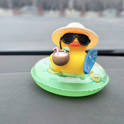 1pc Tropical Beach Duck Car Dashboard Decor- With Fashionable Sunglasses, Non-Slip Base And Adhesive Pad, Cute Yellow Duck In Coconut Floating Ring- Car, Truck, SUV Dashboard Decor- Driver, Female