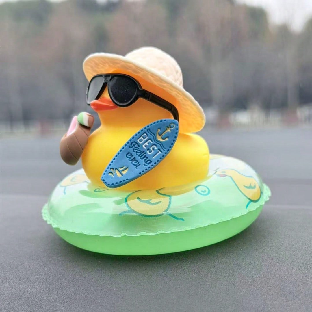 1pc Tropical Beach Duck Car Dashboard Decor- With Fashionable Sunglasses, Non-Slip Base And Adhesive Pad, Cute Yellow Duck In Coconut Floating Ring- Car, Truck, SUV Dashboard Decor- Driver, Female