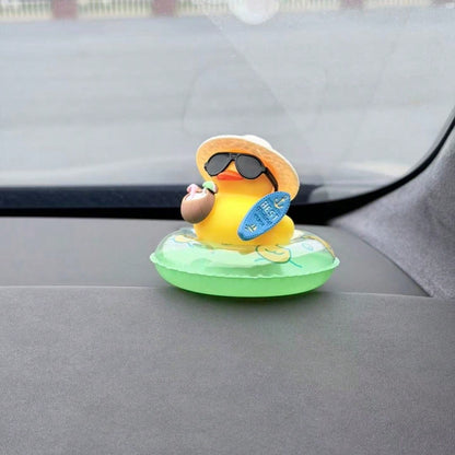 1pc Tropical Beach Duck Car Dashboard Decor- With Fashionable Sunglasses, Non-Slip Base And Adhesive Pad, Cute Yellow Duck In Coconut Floating Ring- Car, Truck, SUV Dashboard Decor- Driver, Female