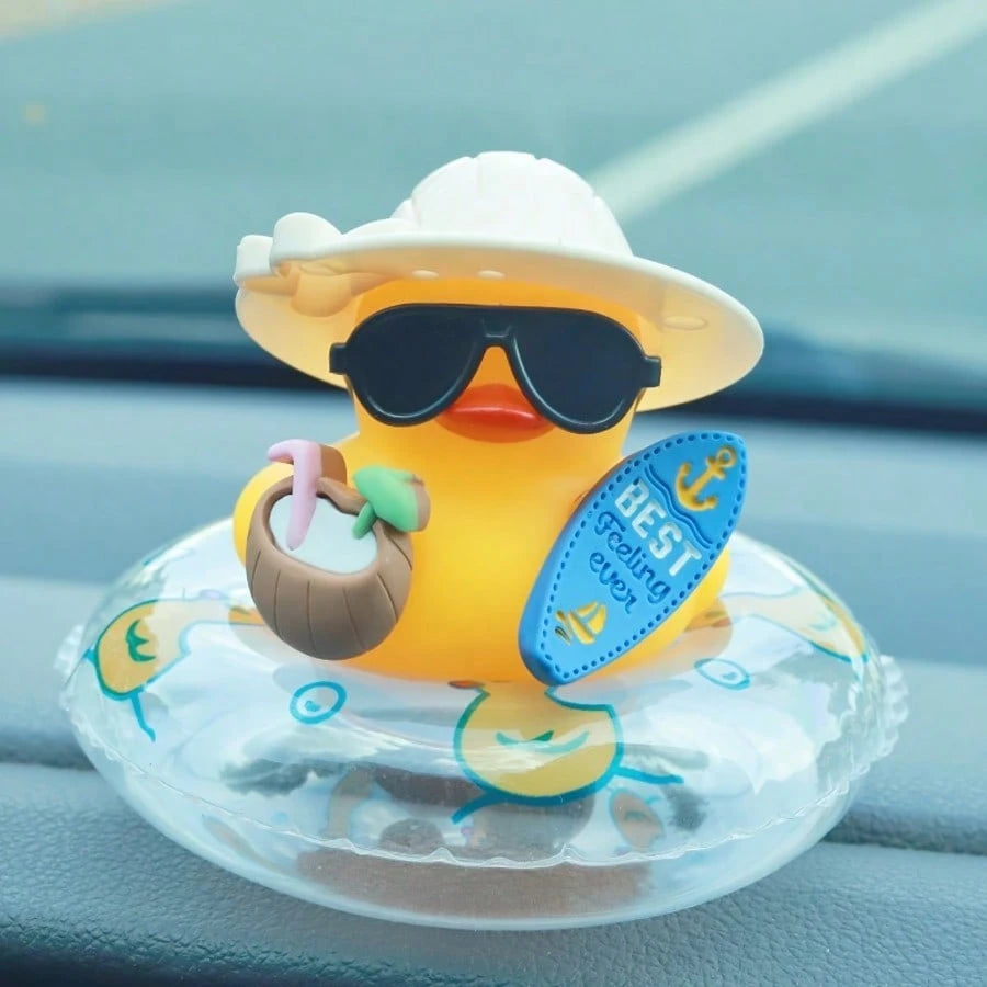 1pc Tropical Beach Duck Car Dashboard Decor- With Fashionable Sunglasses, Non-Slip Base And Adhesive Pad, Cute Yellow Duck In Coconut Floating Ring- Car, Truck, SUV Dashboard Decor- Driver, Female