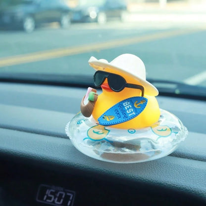 1pc Tropical Beach Duck Car Dashboard Decor- With Fashionable Sunglasses, Non-Slip Base And Adhesive Pad, Cute Yellow Duck In Coconut Floating Ring- Car, Truck, SUV Dashboard Decor- Driver, Female