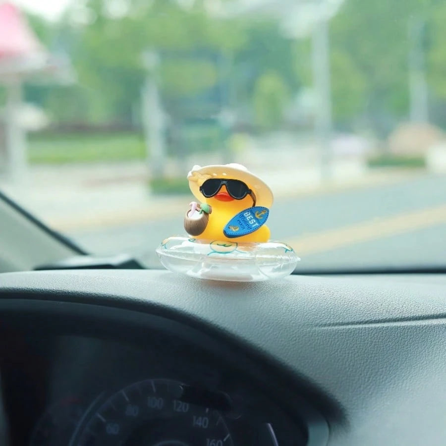 1pc Tropical Beach Duck Car Dashboard Decor- With Fashionable Sunglasses, Non-Slip Base And Adhesive Pad, Cute Yellow Duck In Coconut Floating Ring- Car, Truck, SUV Dashboard Decor- Driver, Female