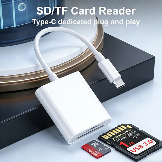 1pc Unisex Portable USB-C/Lightning 2-In-1 Card Reader Dual Slot SD/TF High-Speed Transfer Plug & Play Smart Compatible With All Devices Apple Android Camera Travel Office Streaming Essential Digital