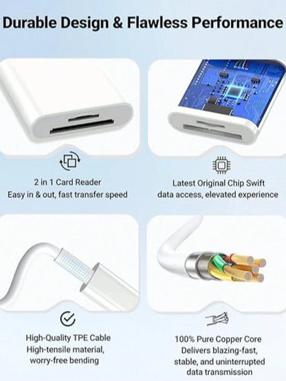 1pc Unisex Portable USB-C/Lightning 2-In-1 Card Reader Dual Slot SD/TF High-Speed Transfer Plug & Play Smart Compatible With All Devices Apple Android Camera Travel Office Streaming Essential Digital