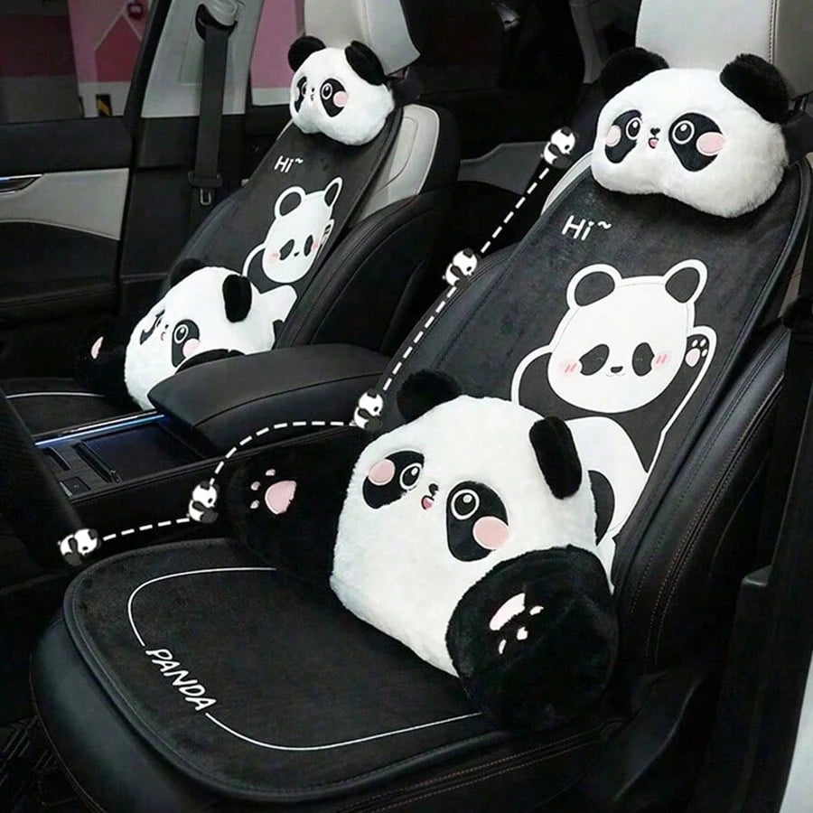 1pc Universal Car Seat Cushion, Plush Warm Panda Design Soft Comfortable Car Seat Protector With Neck Pillow, Suitable For Most Vehicles,Car Accessories