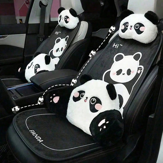 1pc Universal Car Seat Cushion, Plush Warm Panda Design Soft Comfortable Car Seat Protector With Neck Pillow, Suitable For Most Vehicles,Car Accessories