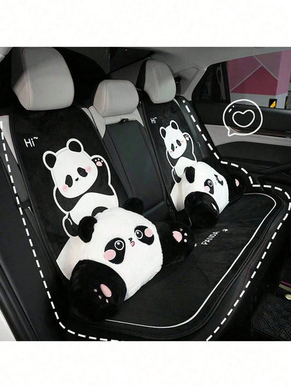 1pc Universal Car Seat Cushion, Plush Warm Panda Design Soft Comfortable Car Seat Protector With Neck Pillow, Suitable For Most Vehicles,Car Accessories